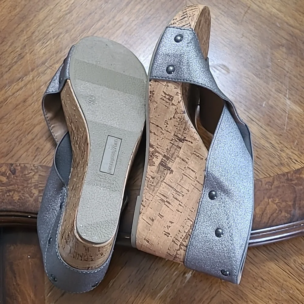 New! Montego Bay Club Womens 9.5 sparkly silver platform cork wedge sandals